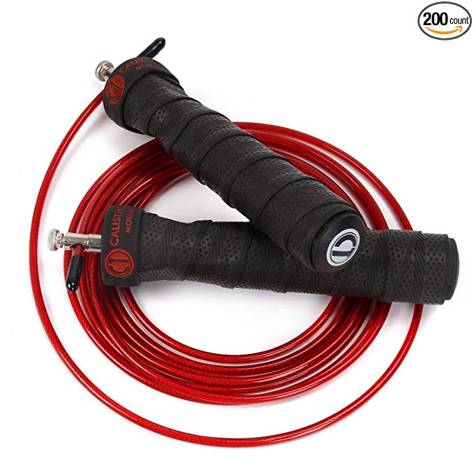 Adjustable Speed Jump Rope for Crossfit, MMA, Boxing, Fitness Training, WOD; Skipping, Double Unders; Ball Bearings; Anti Slip Handles; Includes Free Carrying Bag, 2 10ft Rope Cables (1 Red, 1 Black)