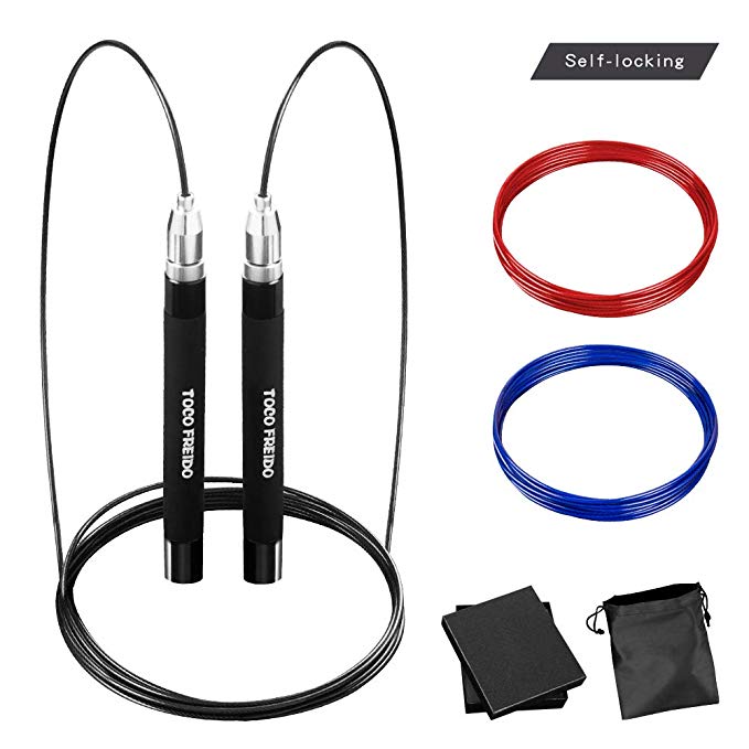 TOCO FREIDO Adjustable High Speed Jump Rope with Self-Locking Design, Screw-Free, 360 Degree Spin, Silicone Grip and 3 Jumping Rope Cables for Crossfit, Home Workout, Fitness Training